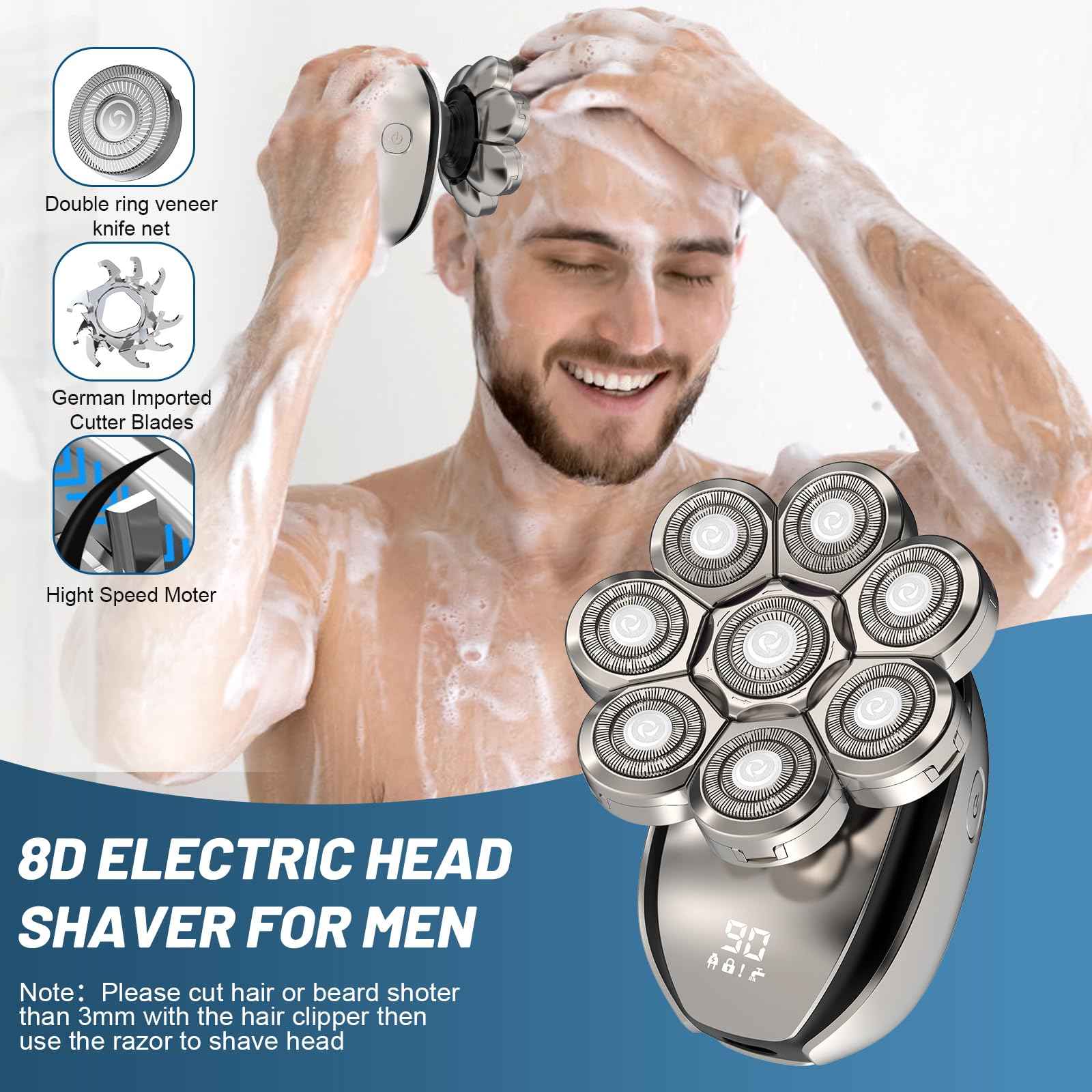 Electric Head Shavers for Men：- 6 in 1 Head Shavers for Bald Men, IPX6 Waterproof Men's 8D Electric Head Razor, Wet&Dry Rotary Shaver Grooming Kit with Nose Beard Trimmer Hair Clipper