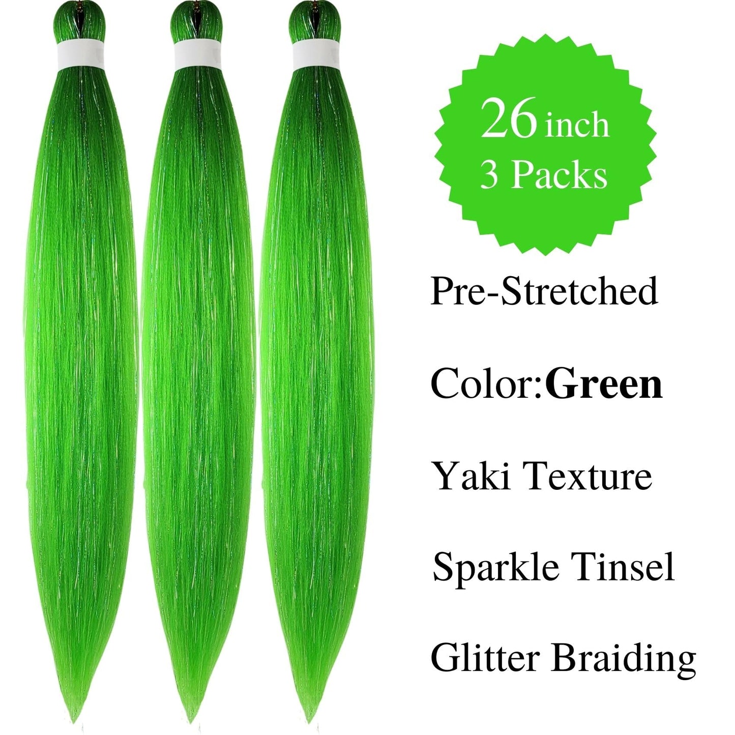 Gozill Neon Green Braiding Hair Pre stretched Sparkle Tinsel Prestretched Braiding Hair Kanekalon Ez braid Knotless Braiding Hair 26 inch