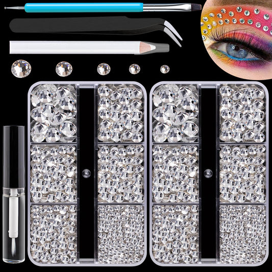 Colorful Face Gems for Makeup Set, Flatback Gorgeous Charming Clear Gass Gem with Makeup Glue+Picker Pencil+Tweezer+Dual-End Dotting Tool for Eye Body Hair Make-up and Nail Art Deco