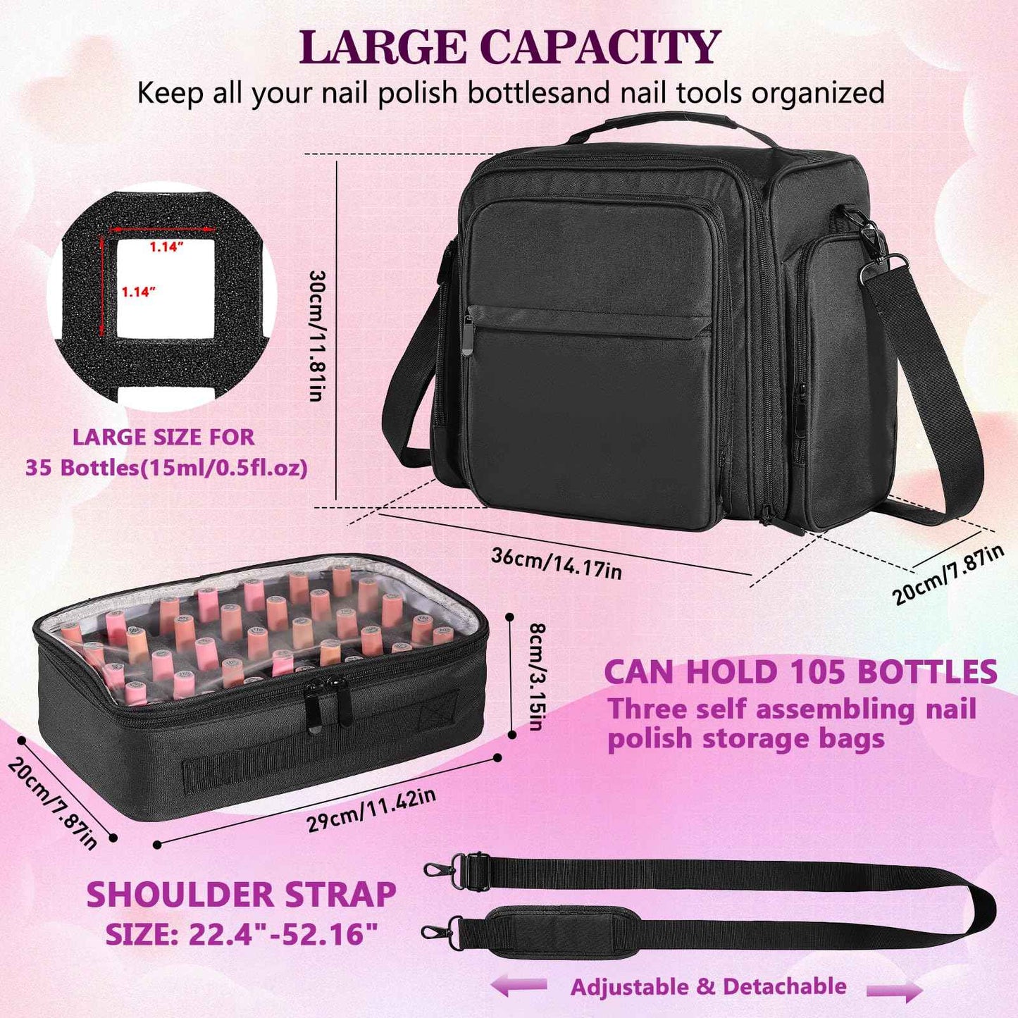 ZWRTU Extra Large Nail Polish Organizer Case Holds 105 Bottles with 3 Removable Pouches for Manicure Tools, Supplies, Nail Lamp, Gift for Girls