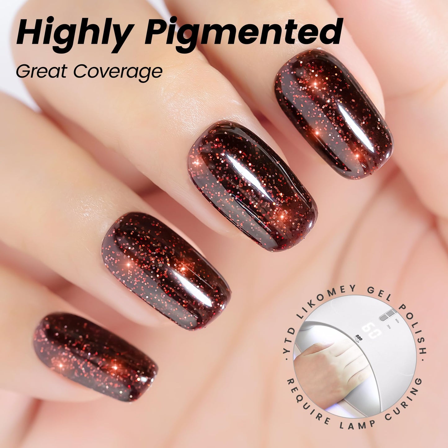 YTD Likomey Gel Nail Polish,15ml Dark Cherry Red Glitter UV Nails Gel,Deep Burgundy Shiny Sparkly Salon Home DIY UV Manicure Nail Art Varnish,SF401