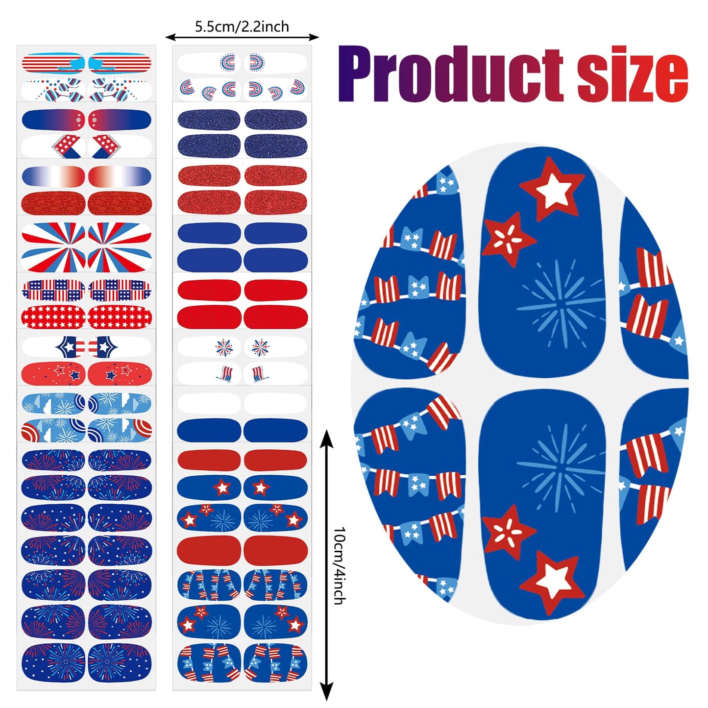 JERCLITY 224 Pieces 16 Sheets 4th of July Nail Wraps Independence Day Nail Polish Strips with Nail File Patriotic American Flag Nail Strips Self-Adhesive Solid Color Nail Stickers for Memorial Day