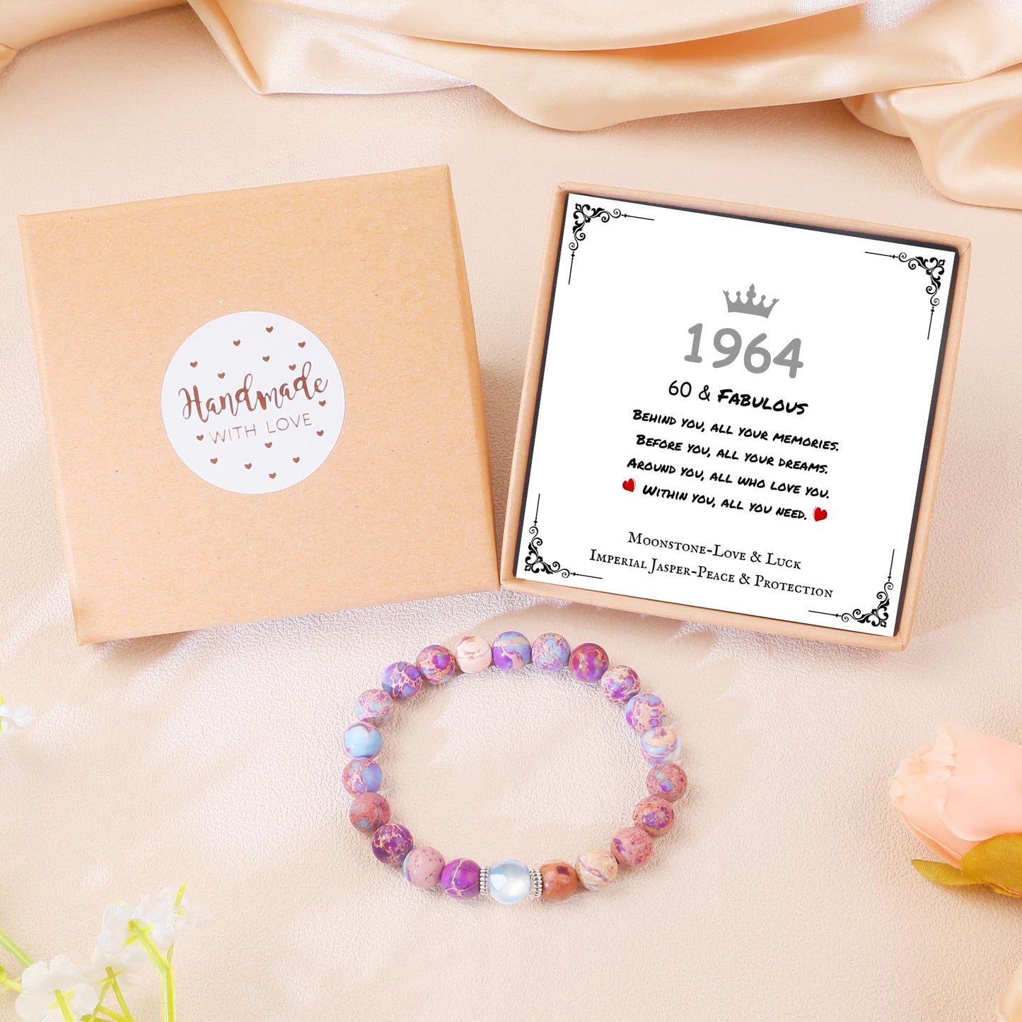 Sereney 60th Birthday Gifts for Women, Natural Stone Bracelet as Gifts for 60 Year Old Women, Moonstone Bracelet for 1964 Women as 60th Birthday Gifts Idea for Mom Sister Grandma Friend Birthday Gifts