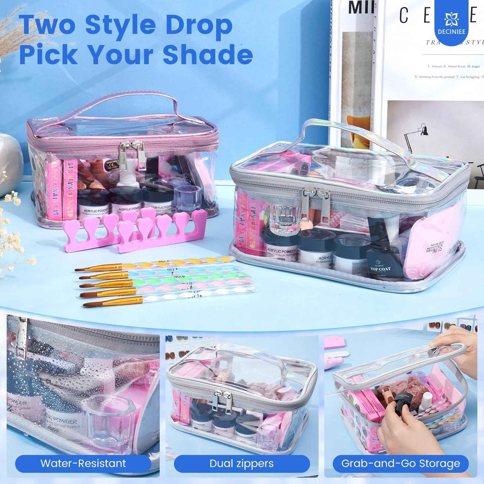 Nail Kit for Beginners with Everything: Professional Nail Acrylic Powder Liquid Set with Practice Finger Drill U V Light in Makeup Bag for Women Salon Home (Silver)