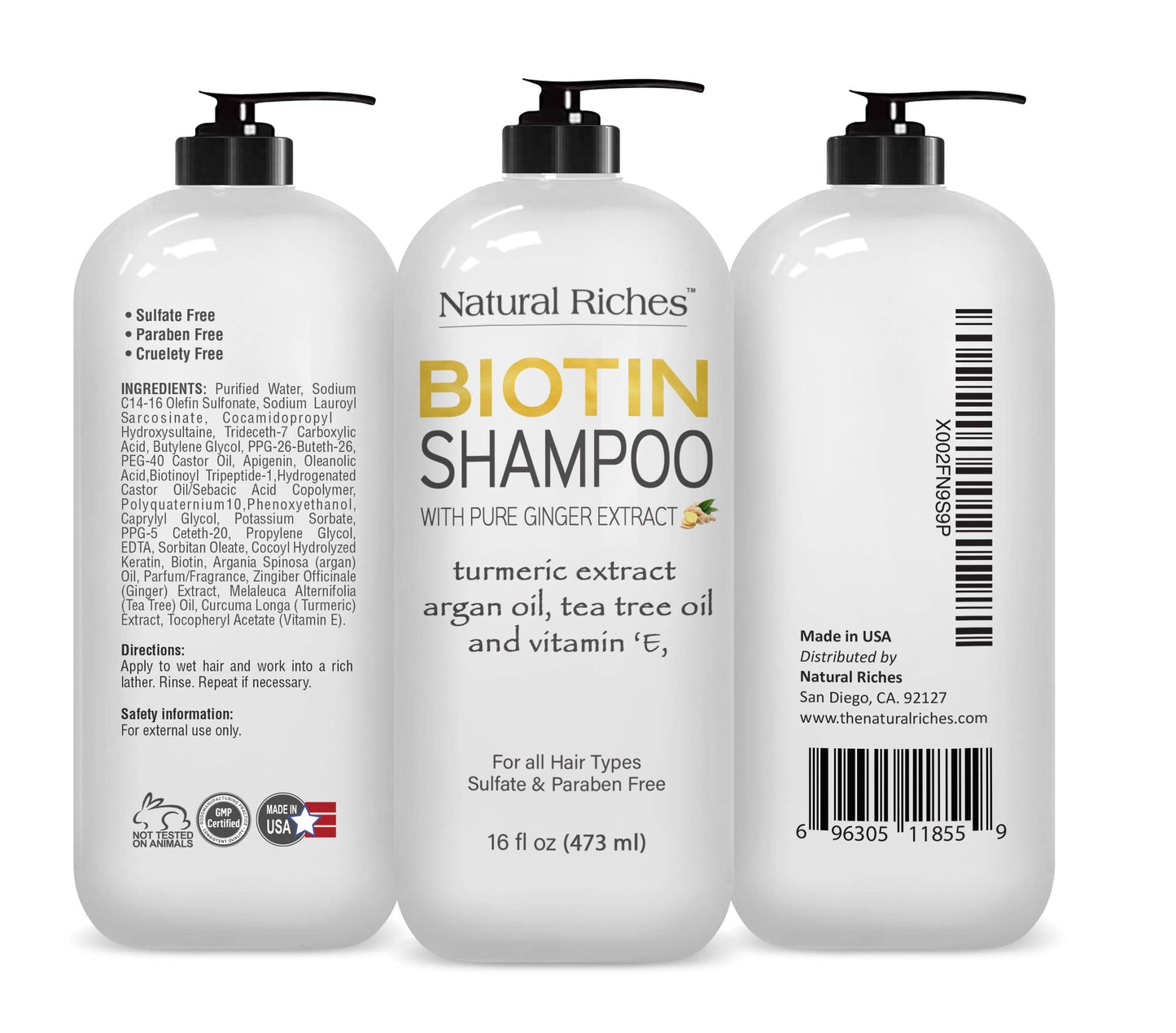 Natural Riches Biotin Shampoo and Conditioner Set W/Ginger Turmeric Extract & Keratin for Hair follicle Hair Loss and Thinning Hair gives Fuller Thicker Hair Sulfate free 2X16 fl oz.