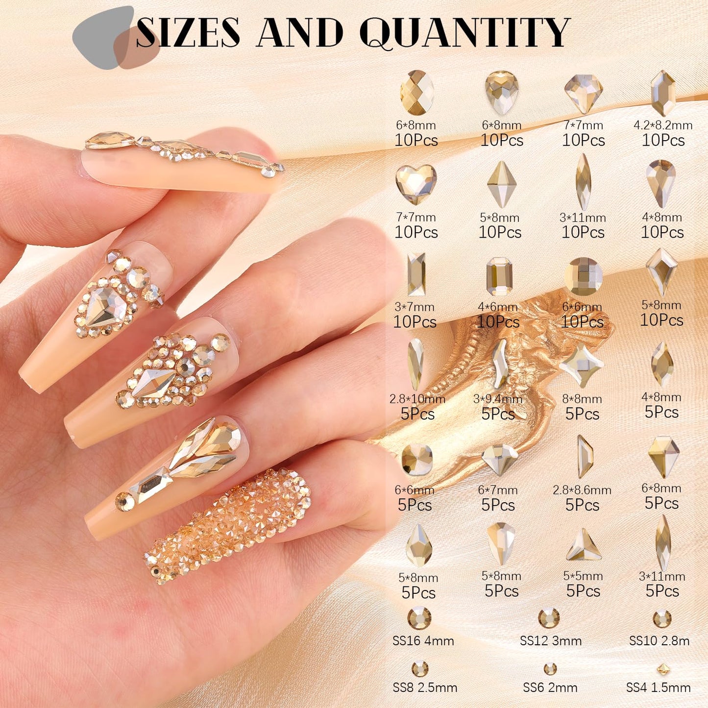 2750Pcs Champagne Gold Glass Nail Rhinestones 240Pcs Multi Shapes Flatback Gems Crystal+2510Pcs 1.5-4mm Round Beads, Manicure Diomand Jewelry Gemstones for Nail Design Makeup Acrylic Nails Decoration