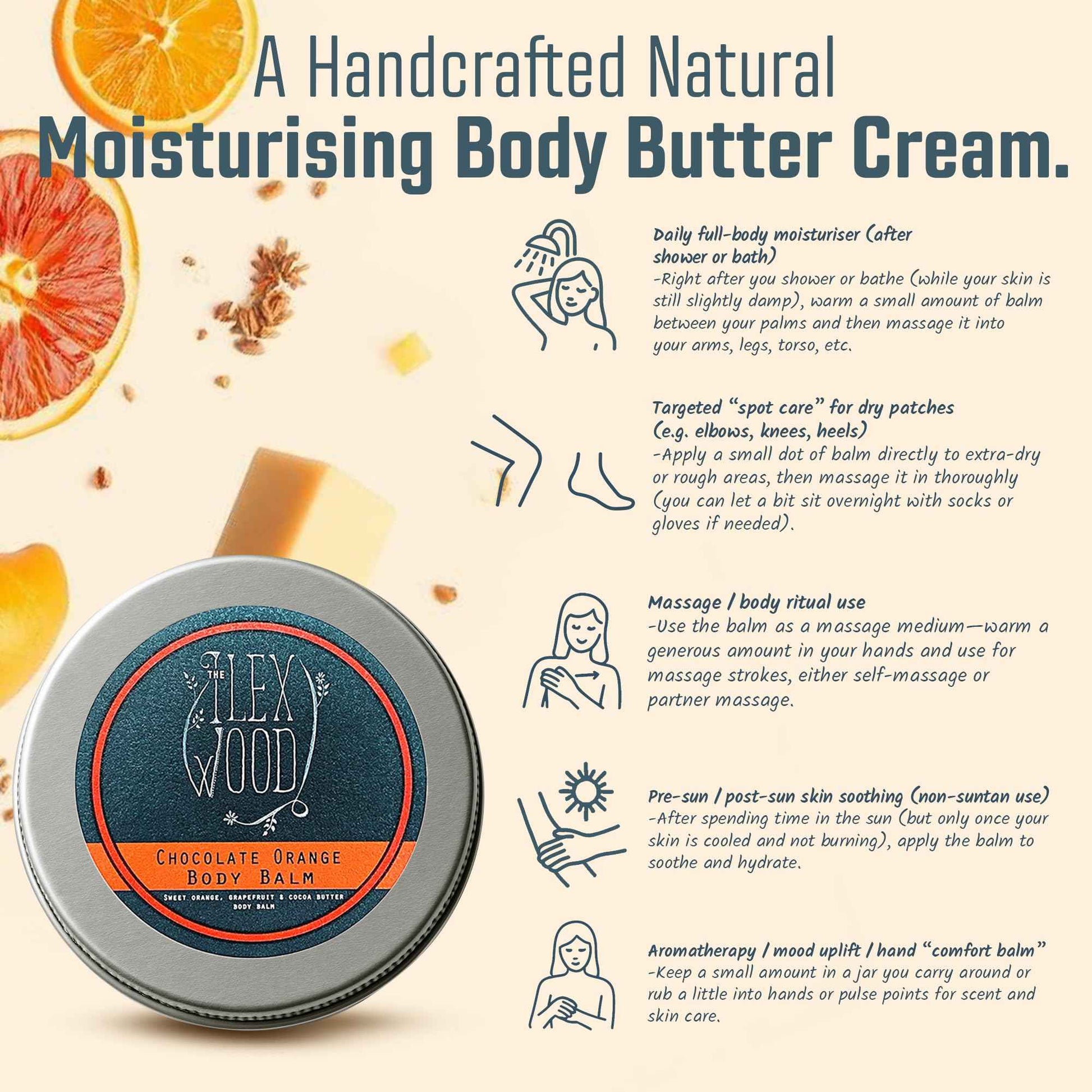 The Ilex Wood - Chocolate Orange Body Balm. Orange and Cocoa Butter Vegan Body Balm. 100% Natural Moisturising Body Butter Cream. - 250ml (8.45 fl oz)