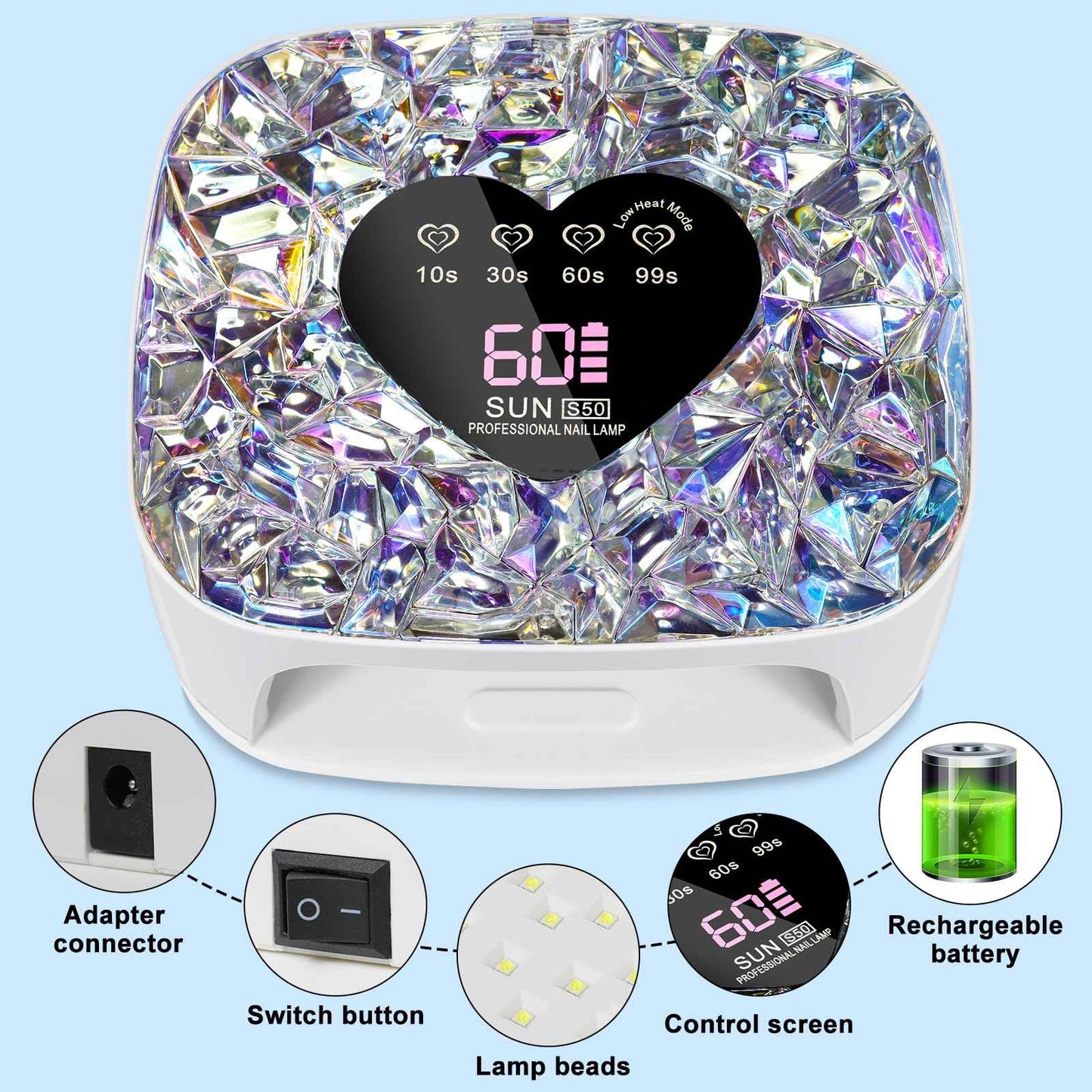 LIMEGIRL UV LED Nail Lamp Kit for Gel Polish Professional Fast White Diamond Design Curing Dryer Light Set with 4 Timers and Gloves Cordless Rechargeable Nail Art Cure Machine at Home and Salon