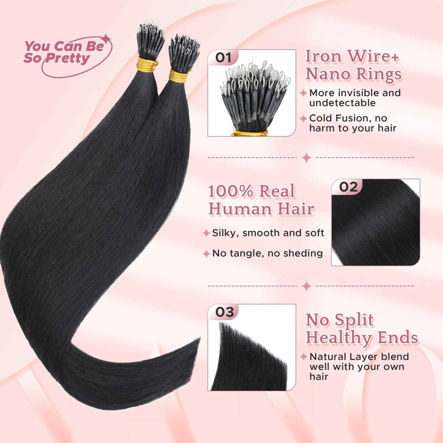 SEGO Nano Tip Hair Extensions Human Hair, Nano Beads Balayage Seamless Highlight Pre-bonded Extensions for Women, 0.7g/strand, 50 strands 35g/pack -18 Inch#01 Jet Black