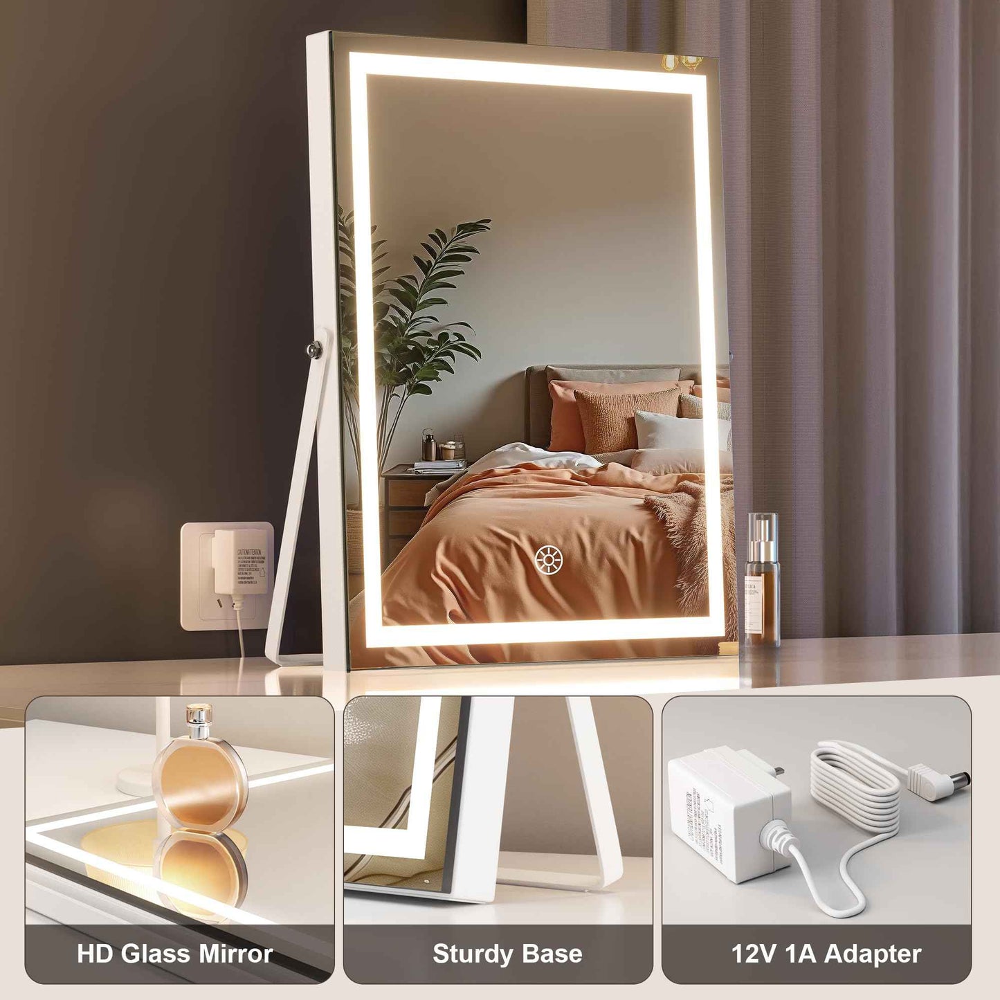 MINISO Vanity Mirror with Lights, 11.4" x 13.8" LED Makeup Mirror, Light & Brightness Adjustment, Smart Sensor, Aluminum Alloy Metal White Frame, with 5X Magnifying Glass