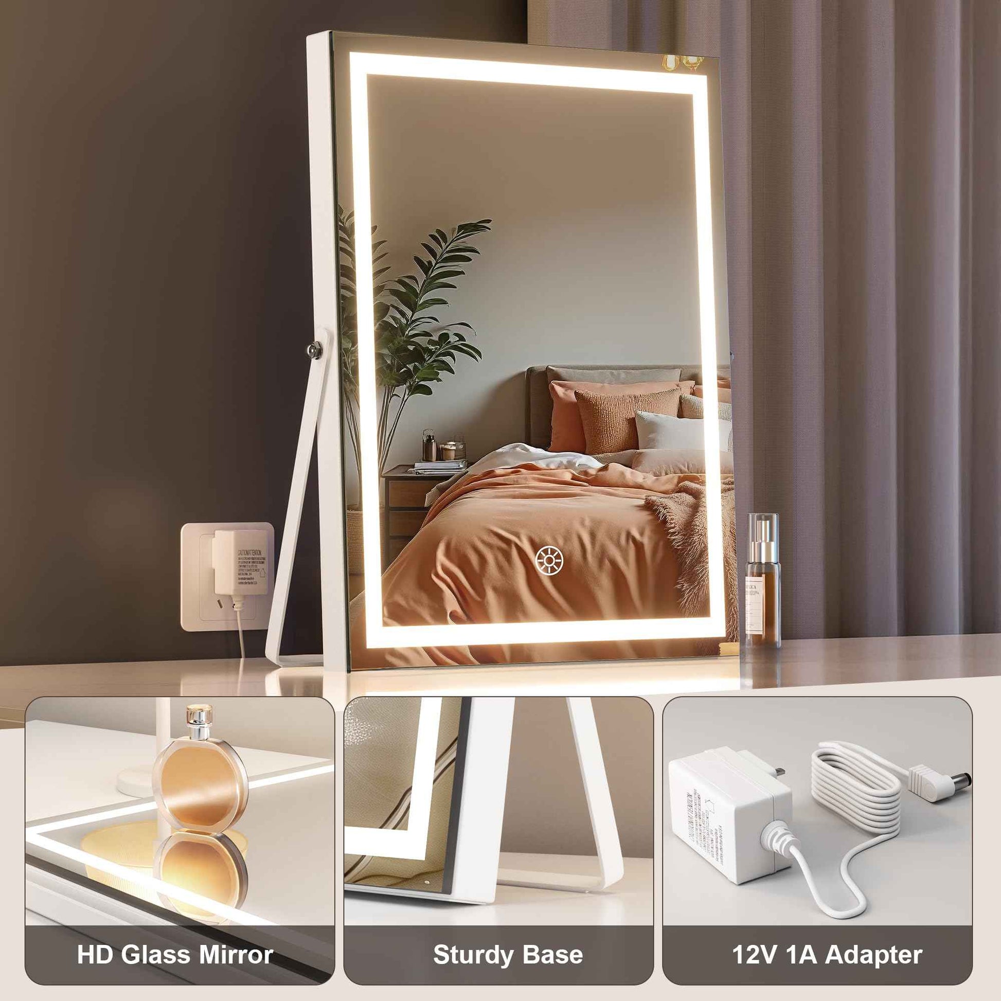 MINISO Vanity Mirror with Lights, 11.4" x 13.8" LED Makeup Mirror, Light & Brightness Adjustment, Smart Sensor, Aluminum Alloy Metal White Frame, with 5X Magnifying Glass