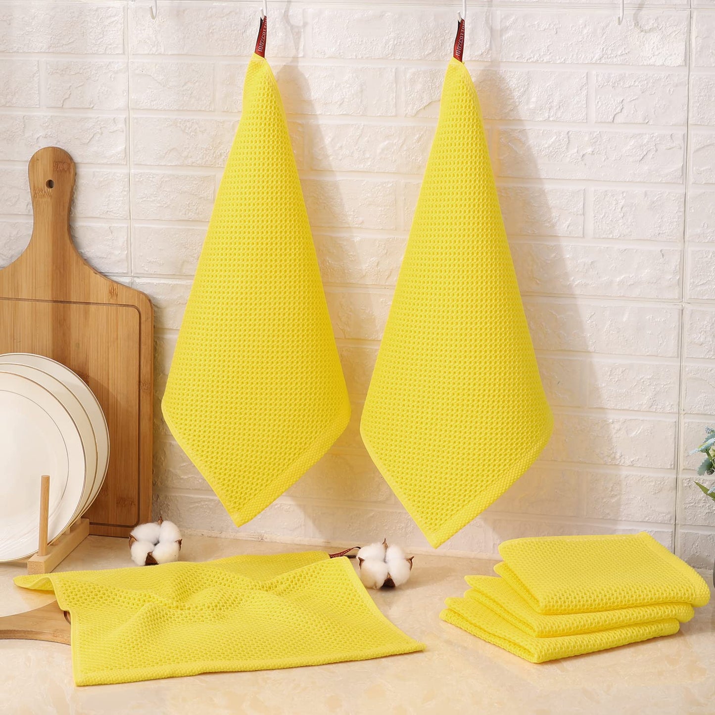 Kitinjoy 100% Cotton Kitchen Dish Cloths, 6 Pack Waffle Weave Ultra Soft Absorbent Dish Towels for Drying Dishes Quick Drying Kitchen Towels Dish Rags, 12 X 12 Inches, Yellow