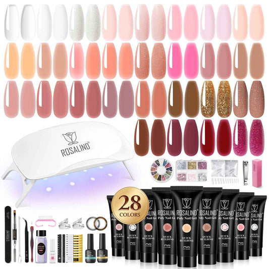 ROSALIND Poly Nail Gel Kit for Beginners - 28 Colors Extension Gel Set with UV/LED Nail Lamp, 72 Accessories (Base/Top Coat, Nail Forms, Tools), Long Lasting Salon Kit for DIY Manicure