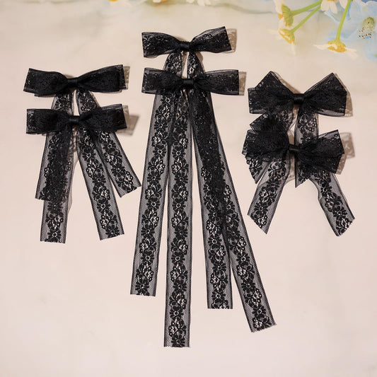 XFYUZR 6Pcs Black Lace Hair Bows for Women Tulle Bows for Hair with Long Tail Ribbon Hairclip Metal Bow Hair Clips for Women Girls Bowknots Tassel Hair Barrettes