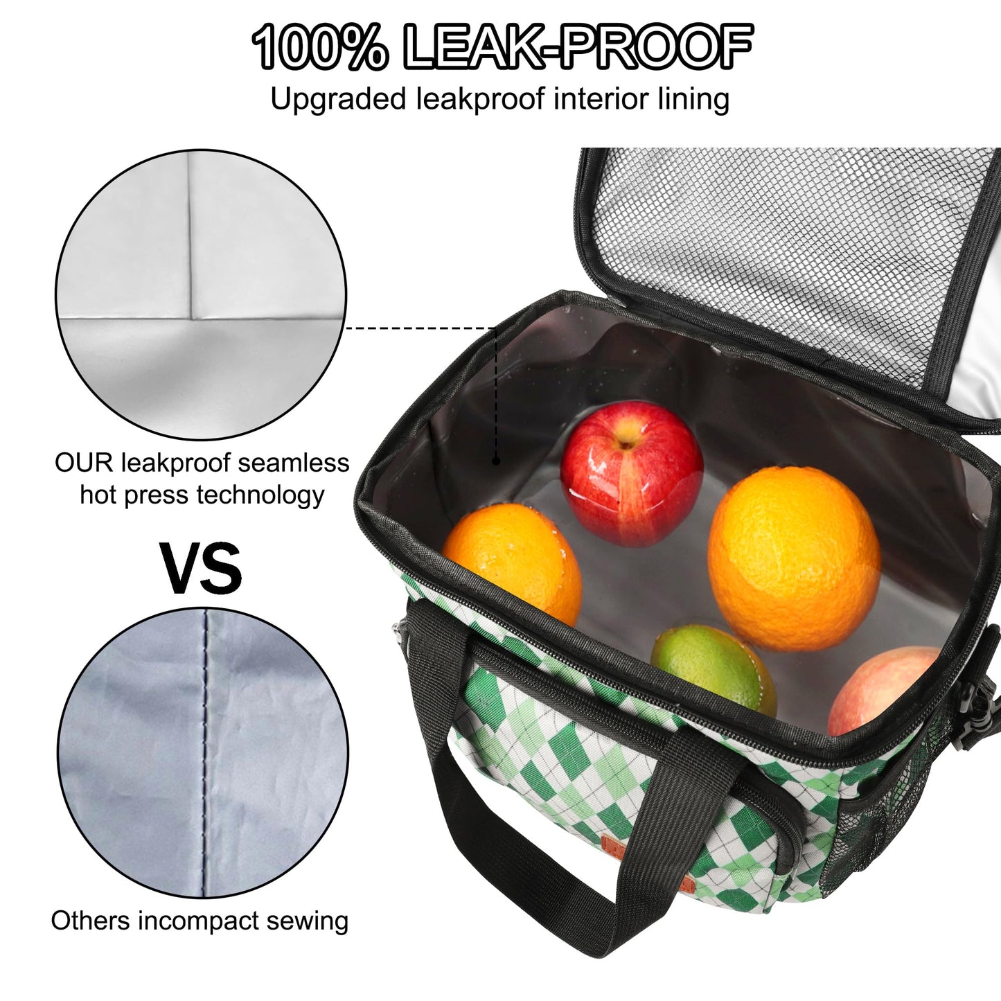 Femuar Lunch Bags for Women/Men, Insulated Lunch Bag for Work Office - Lunch Cooler Bag Leakproof Lunch Box with Adjustable Shoulder Strap - Green plaid