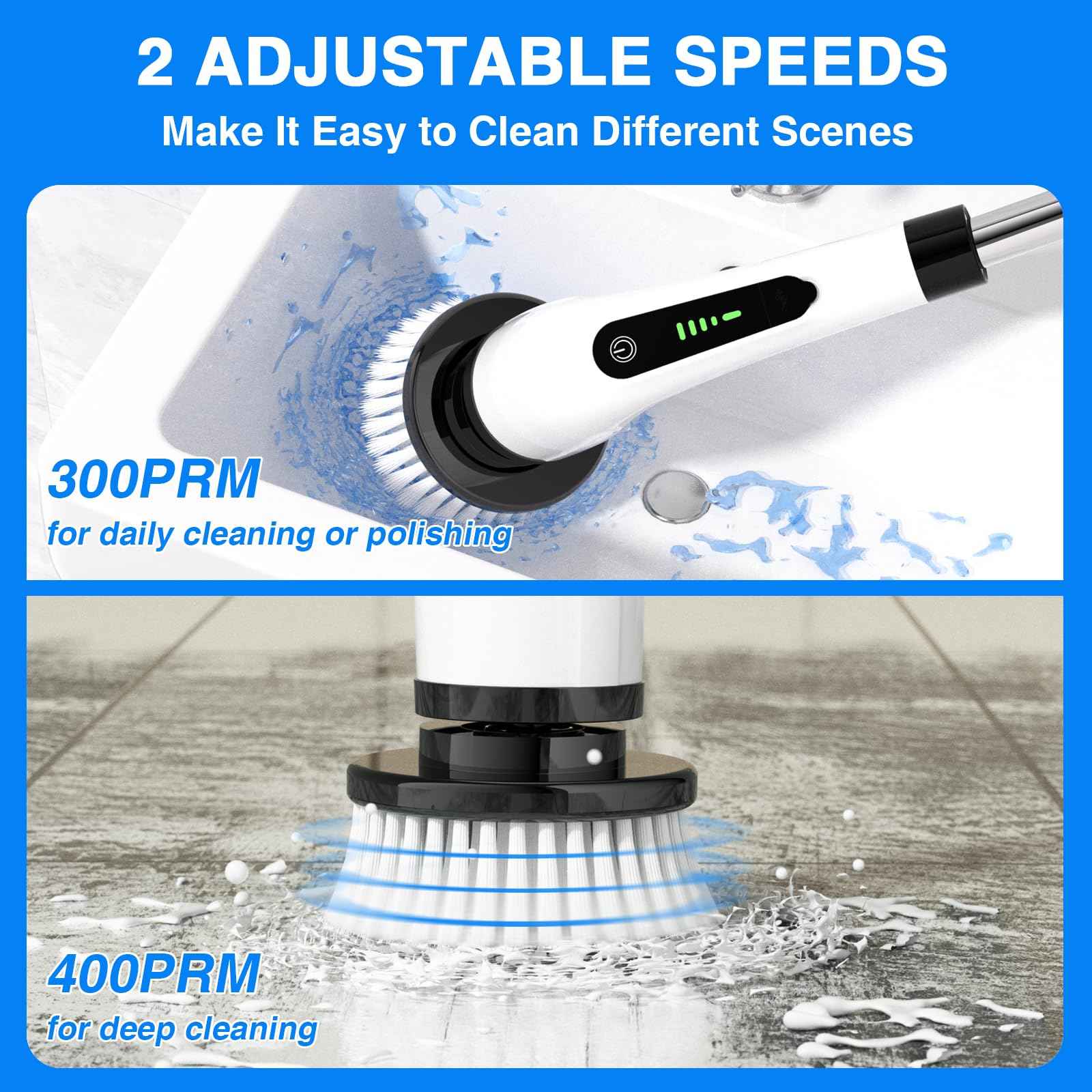 Electric Spin Scrubber Cordless Full Body Waterproof Cleaning Brush with Displaying Battery Level, 7 Replaceable Heads, Dual Speed, and Detachable Telescopic Handle for Kitchen Living Room Bathroom