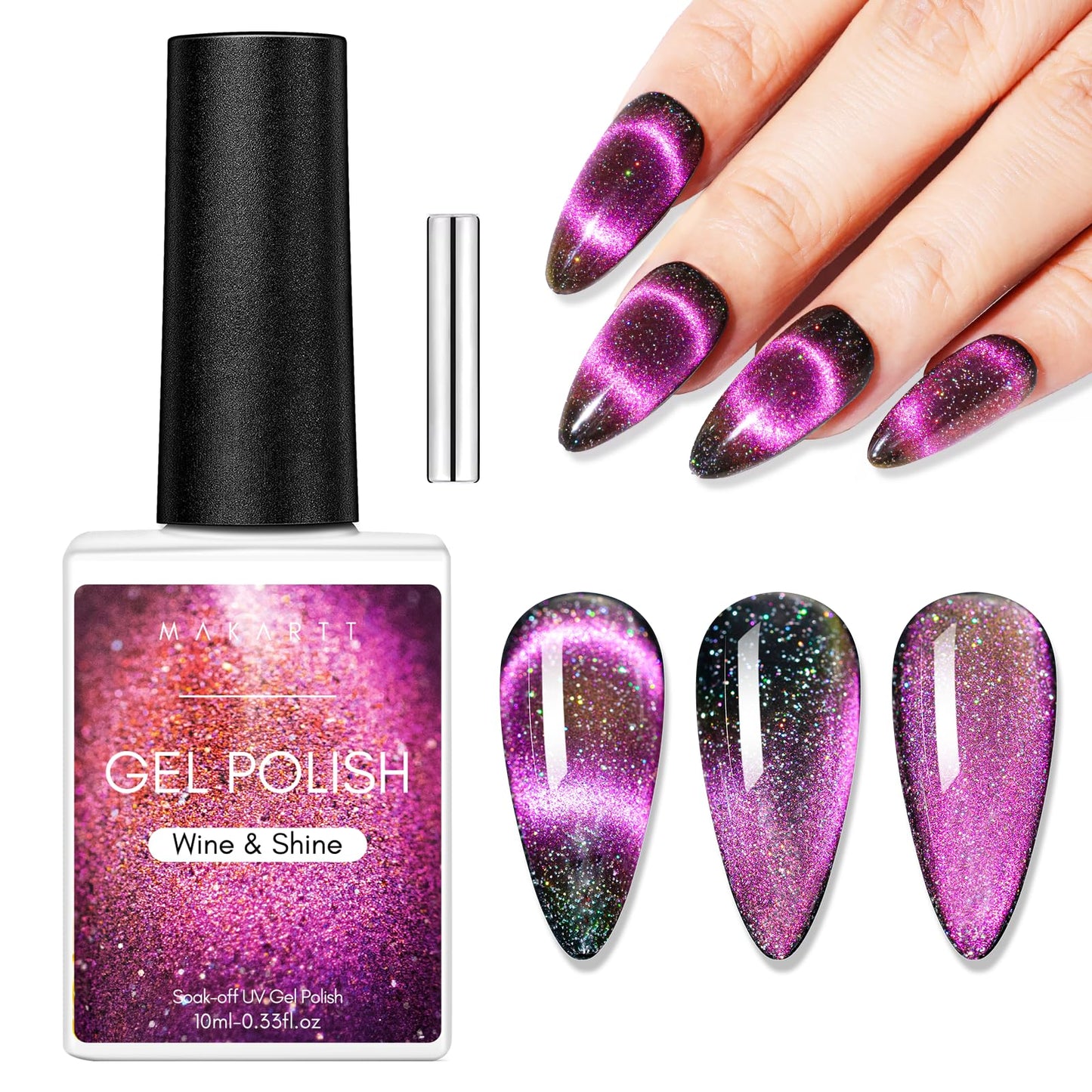 Makartt Gel Nail Polish, Black Hole Cat Eye Gel Polish 10ml Sparkly Cat Eye Glitter Spring Gel Polish with Magnet Stick Soak Off UV/LED Manicure Nail Art Designs-Wine & Shine