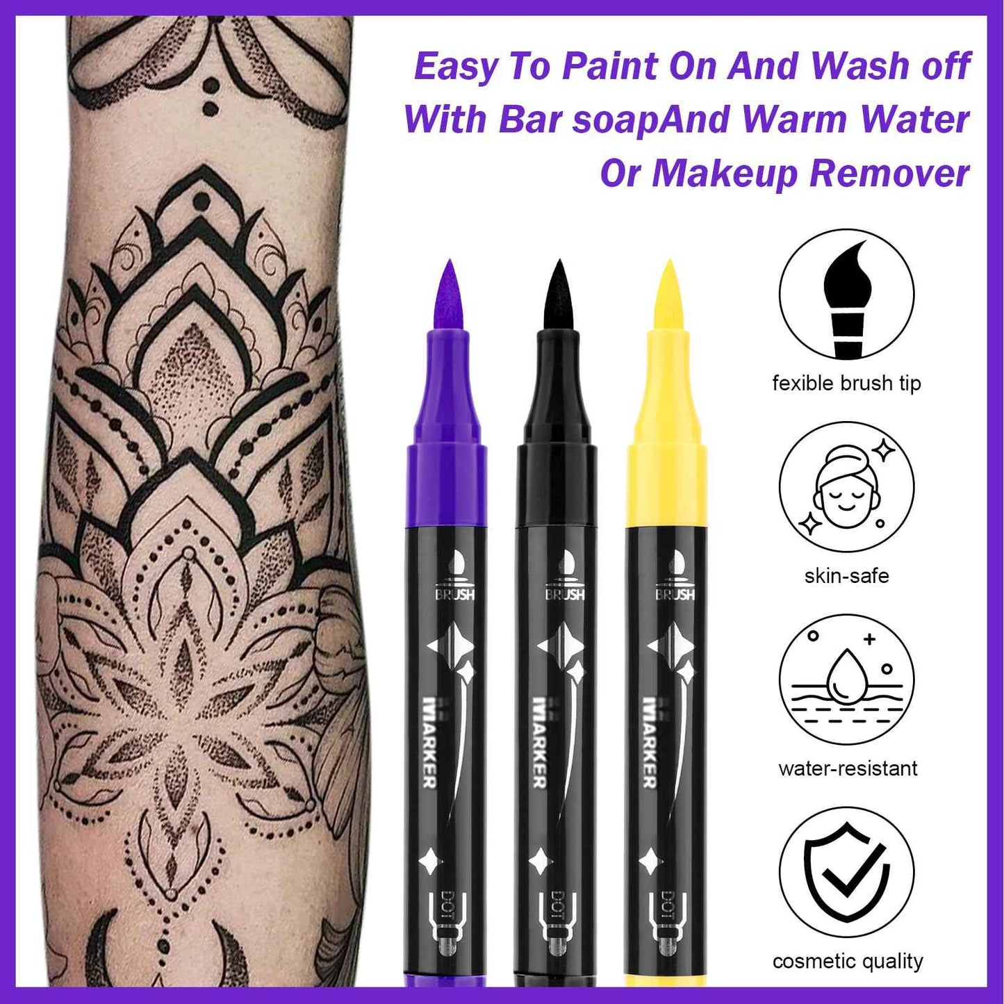 Ponhey Temporary Tattoo Markers for Skin, 36 Body Markers+67 Large Tattoo Stencils,Dual-End Tattoo Pens,Fine Lines with Cosmetic-Grade,Flexible, Skin-Safe Face Paint Kit for Kids Teenage Adults