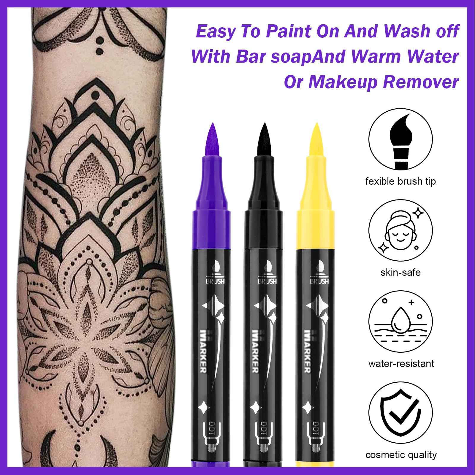 Ponhey Temporary Tattoo Markers for Skin, 36 Body Markers+67 Large Tattoo Stencils,Dual-End Tattoo Pens,Fine Lines with Cosmetic-Grade,Flexible, Skin-Safe Face Paint Kit for Kids Teenage Adults