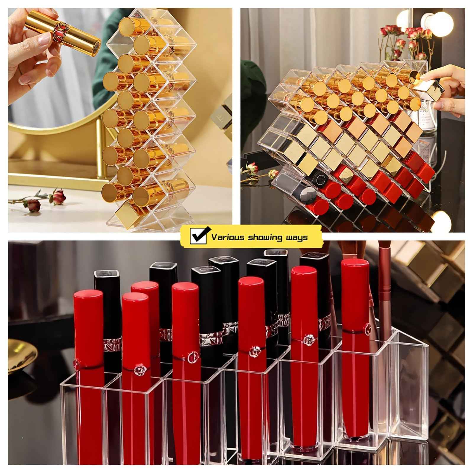 Cedilis 4 Pack Acrylic Lipstick Holder Organizer, 64 Slot Clear Lip Gloss Storage Organizer, Fish Shape Lipstick Display Stand Tower for Cosmetic Makeup and Dresser Display