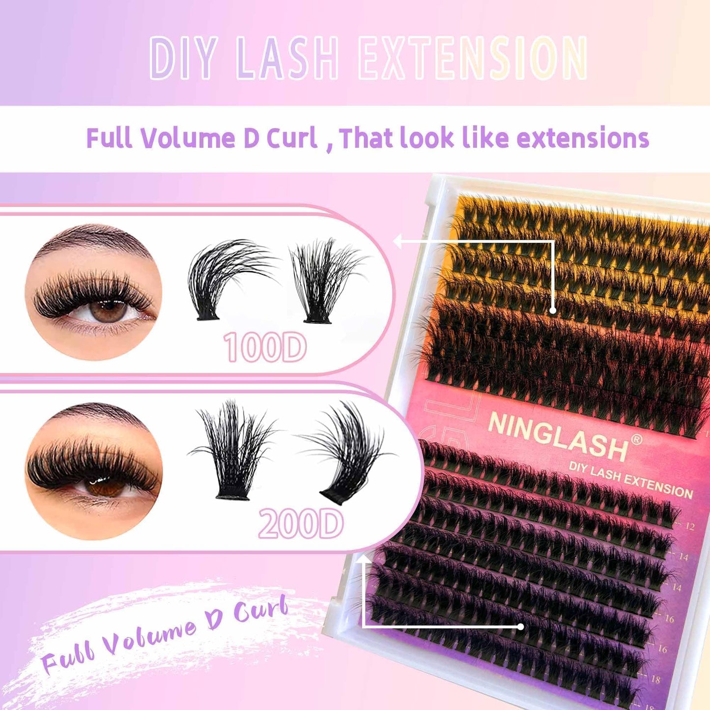 Lash Clusters Fluffy NINGLASH 100D 200D DIY Lash Extension Kit with Lash Bond, Lash Remover, Lash Applicator, Volume 280 Pcs Cluster Eyelashes Extension Individual Eyelashes Kit Thick Eyelash 12-18mm