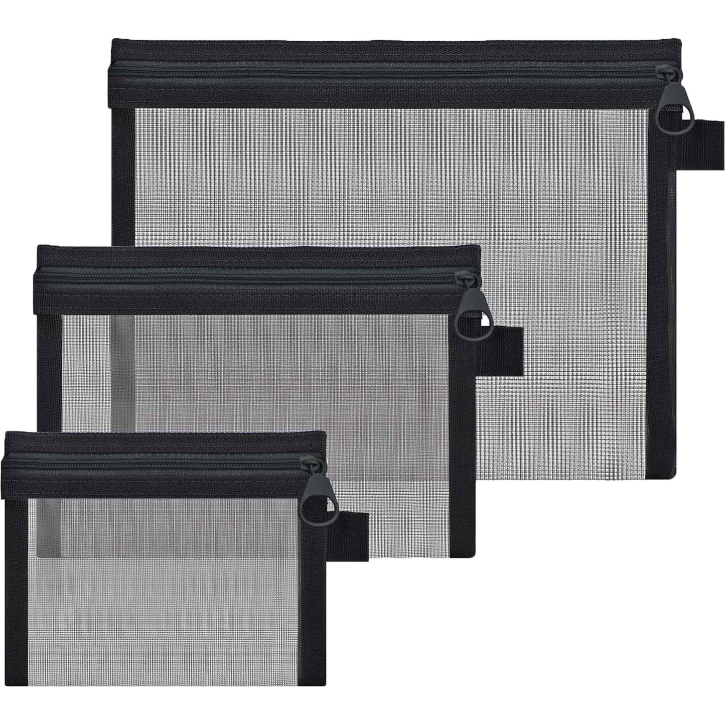 HORNYPOOT 3 Pcs Mesh Zipper Pouch Bags,Small Zipper Mesh Bags，Nylon Mesh Pouch Coin Purse Cosmetic Case，Travel Toiletry Bag for Daily Toiletries Office Supplies (3pcs Black-(S M Large), 3)
