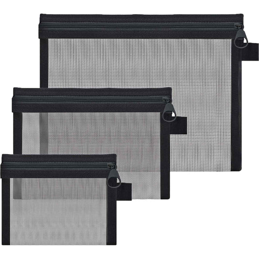 HORNYPOOT 3 Pcs Mesh Zipper Pouch Bags,Small Zipper Mesh Bags，Nylon Mesh Pouch Coin Purse Cosmetic Case，Travel Toiletry Bag for Daily Toiletries Office Supplies (3pcs Black-(S M Large), 3)