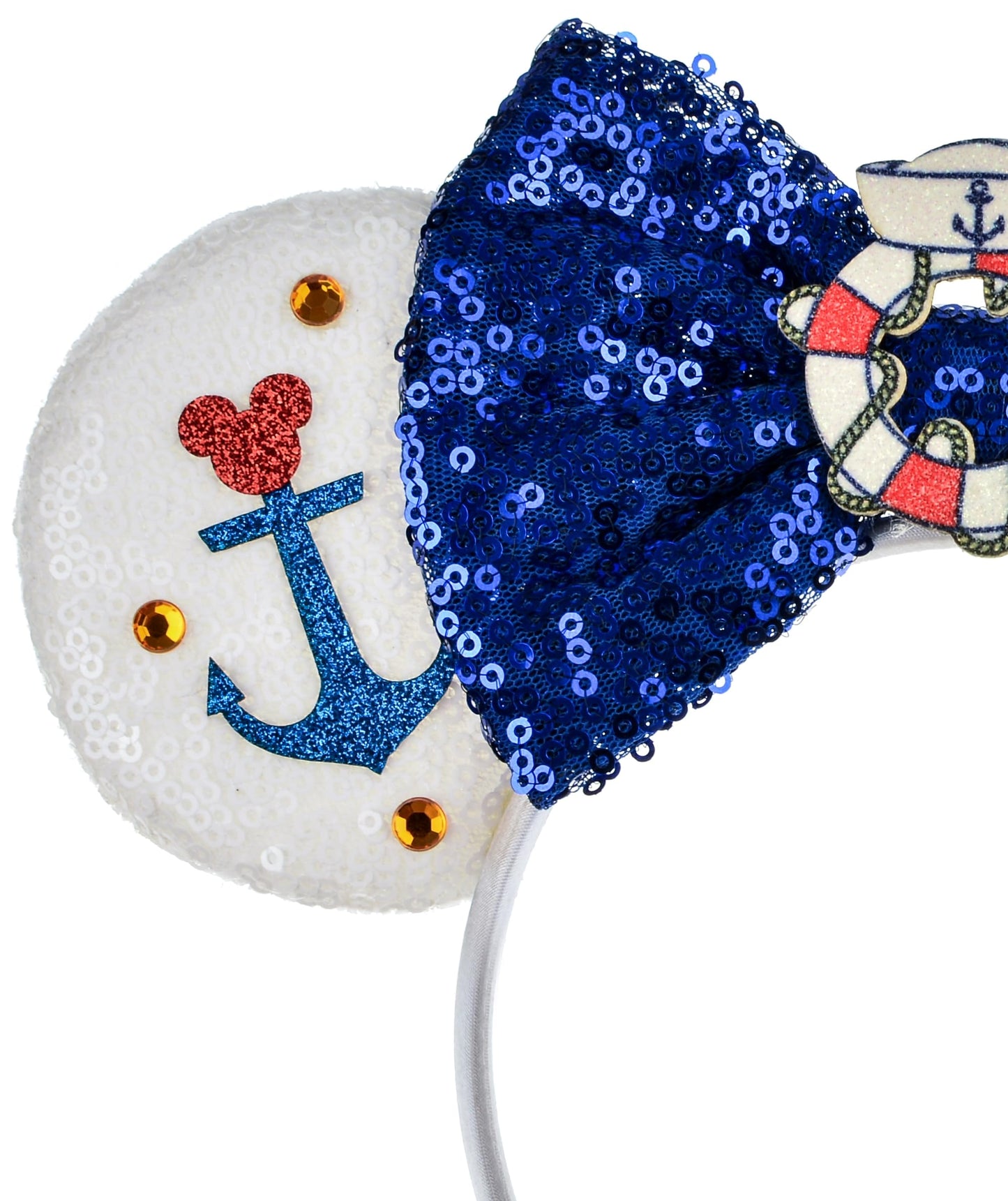 A Miaow Fashion MM Bow Sequin Nautical Headband Sparkle Glitter Mouse Ears Boat Anchor Hairband Party Costume Navy Hat Photography Props (Cruise and Buoy)