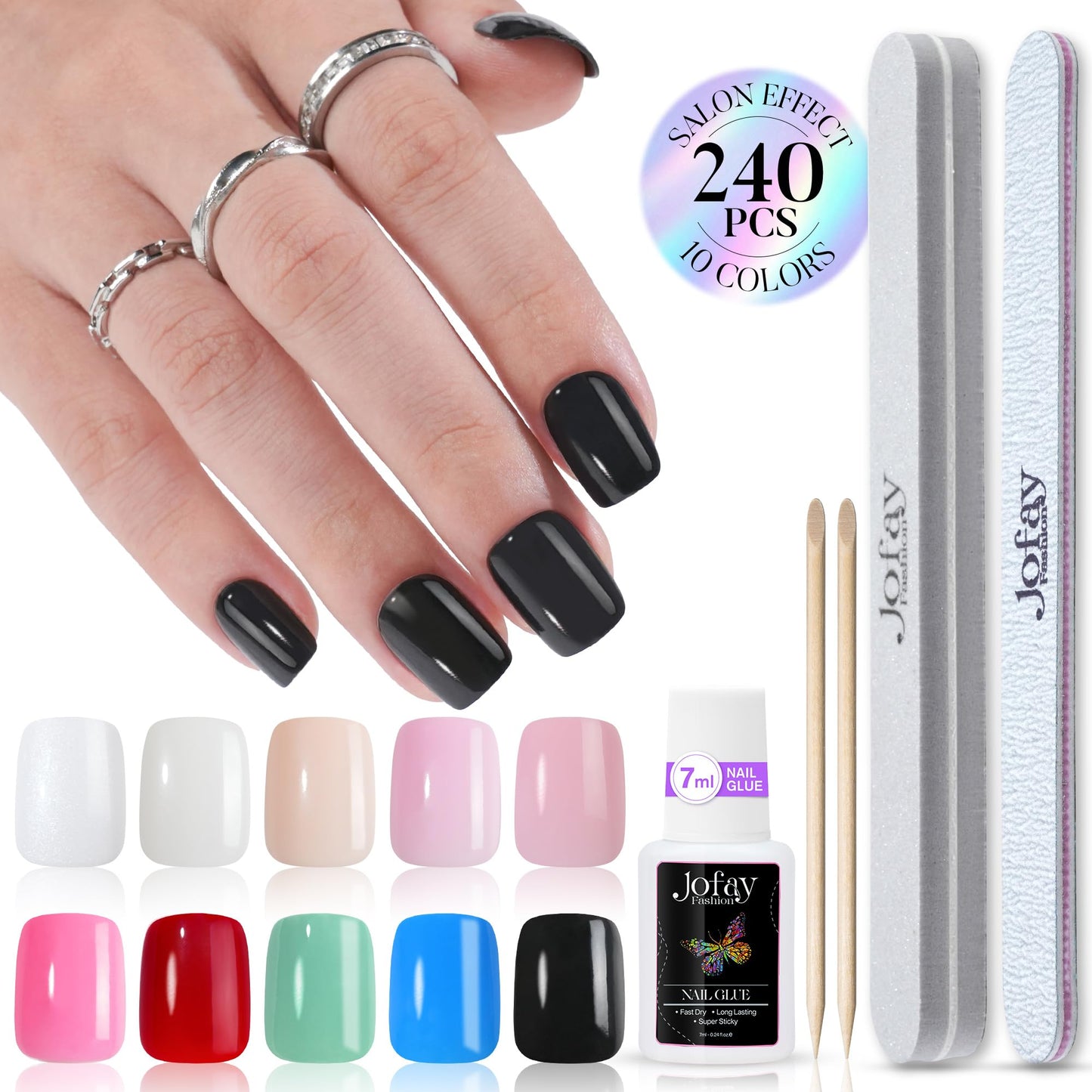 10 Packs Press On Nails Short Kit - 240Pcs Gel Fake Nails with Glue, Solid Color Full Cover glue on nails set, Acrylic nails press on, Artificial False Nails, Stick on nails for Women