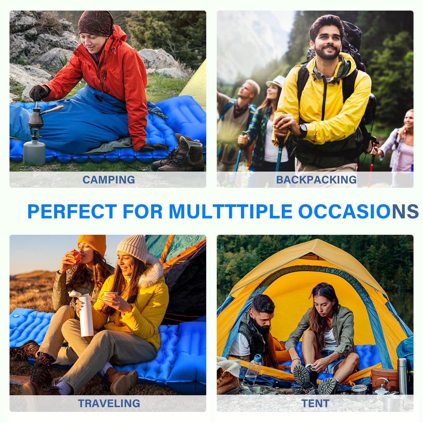 Camping Sleeping Pad, Ultralight Camping Pad with Pillow Built-in Foot Pump Inflatable Sleeping Mat Compact for Camping Backpacking Hiking Traveling - Blue