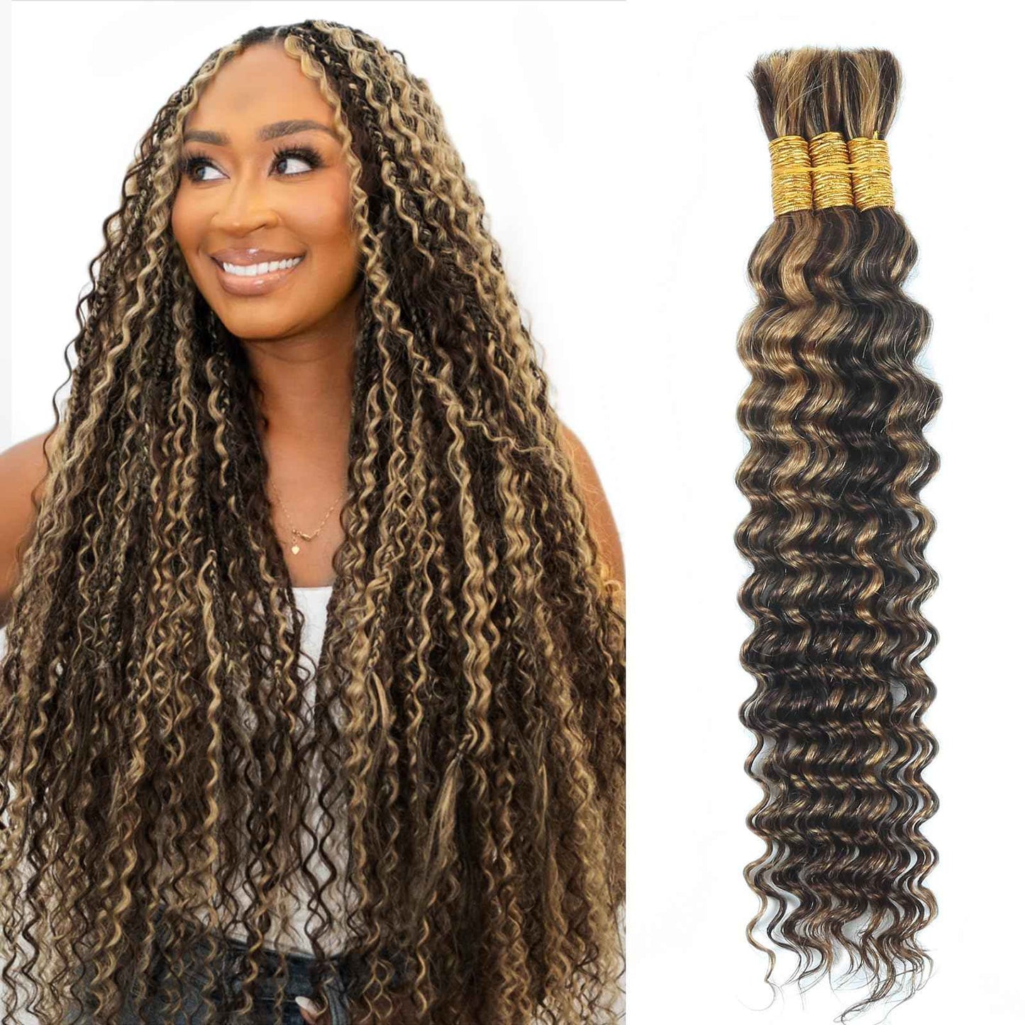 Boho Braids Human Hair for Braiding 110g 20 Inch 12A Deep Water Wave Bulk Human Braiding Hair for Boho Braids Knotless Highligts Wet and Wavy Virgin Extensions Bohemian No Weft Curly 3 Bundles P4/30