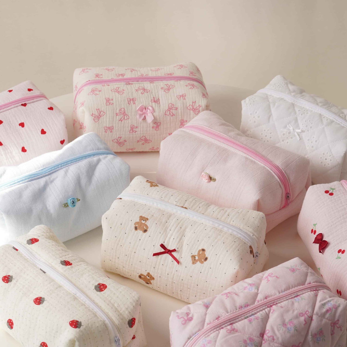 ZUNUONUO Handmade Quilted Cotton Makeup Bag for Women - Cute Cosmetic Pouch, Travel Toiletry & Make Up Organizer, Coquette Aesthetic Skincare Bag, Travel Essentials (Creamy Pink)