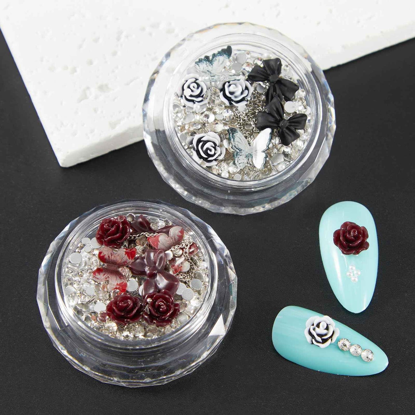 SILPECWEE 6 Boxes Nail Rhinestones and Charms, 3D Flower Butterfly Bow Nail Art Charms Nail Gems Diamond Pearls Glass Crystal Clear Silver Caviar Beads Metal Nail Chain Nail Jewelry Decoration