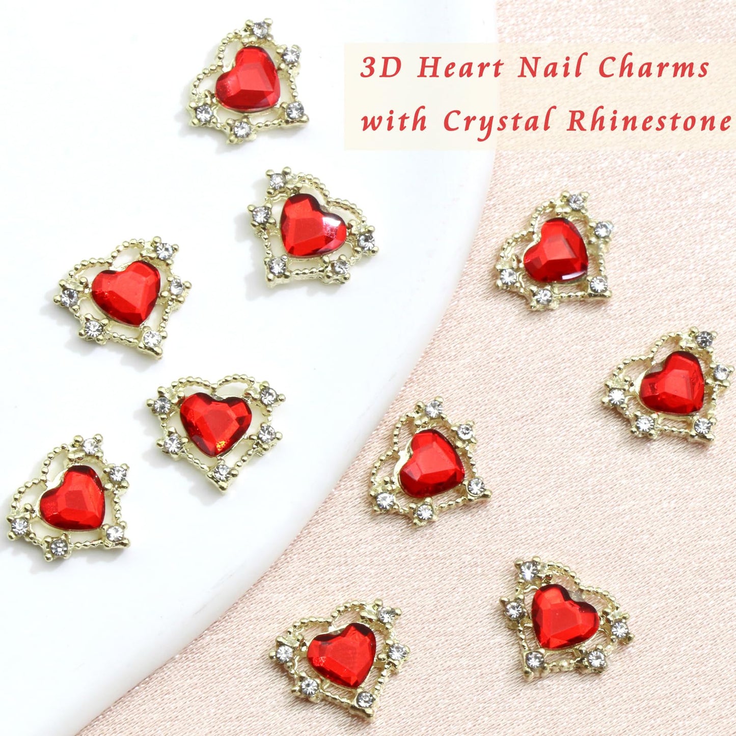 RODAKY Red Heart Nail Charms 10PCS 3D Heart Nail Rhinestones Gold Metal Alloy Nail Art Gems Jewelry for Valentines Manicure Nail Supplies Accessories DIY Crafts Design