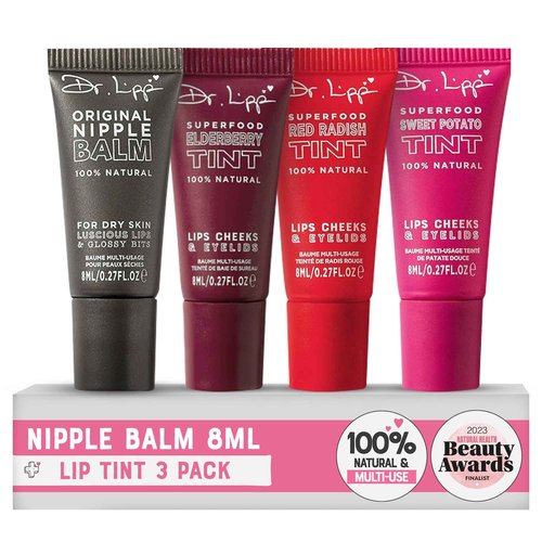 Dr. Lipp Nipple Balm 0.27 fl oz/ 8 ml & Superfood Lip Tints 3x8ml Multi Use Bundle for Lips, Nipples & More