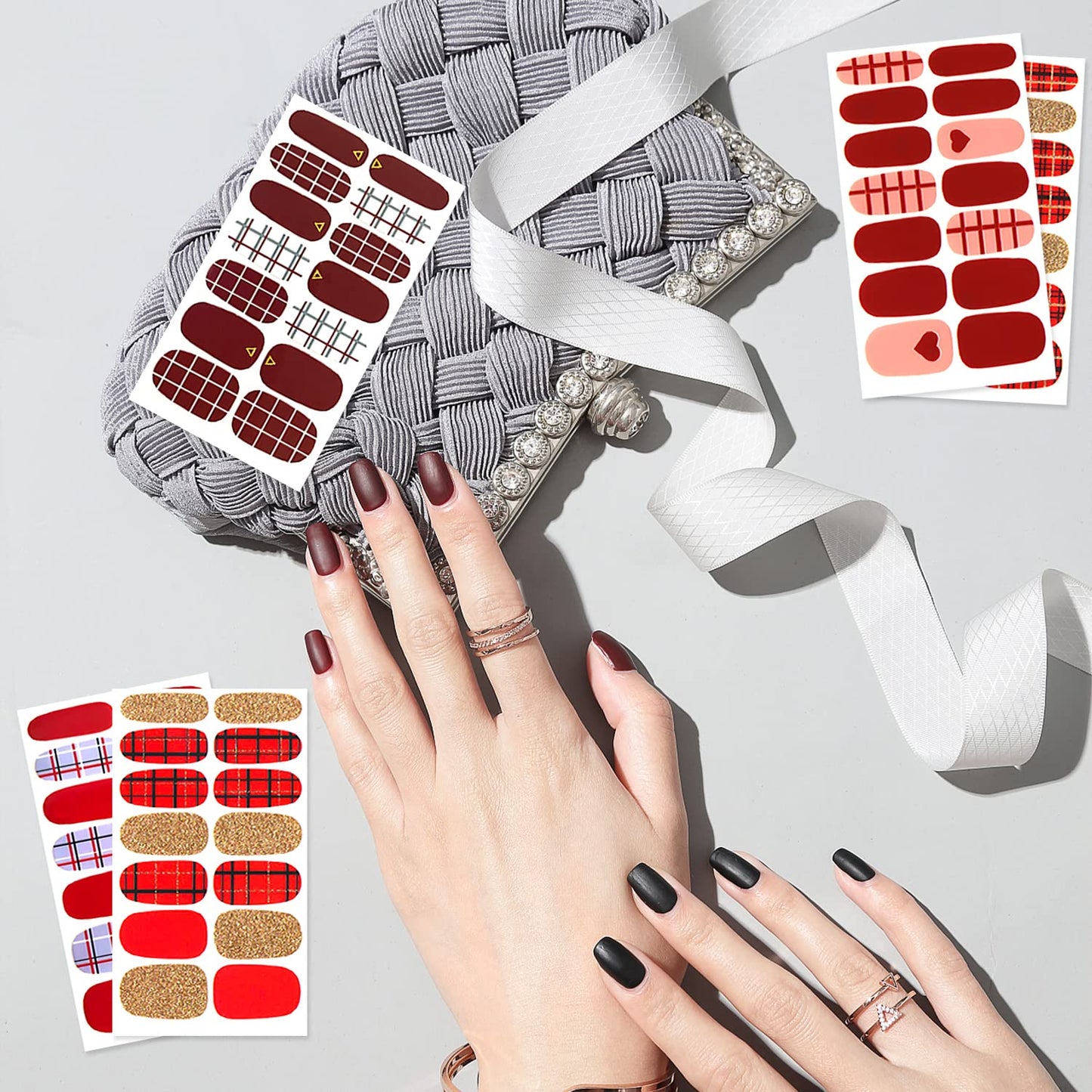 SILPECWEE 16 Sheets Red Plaid Nail Polish Strips for Women Nail Stickers Full Nail Wraps Self Adhesive Nail Sticker Polish Gel Nail Strips Stick on Nails with 1pc Nail File