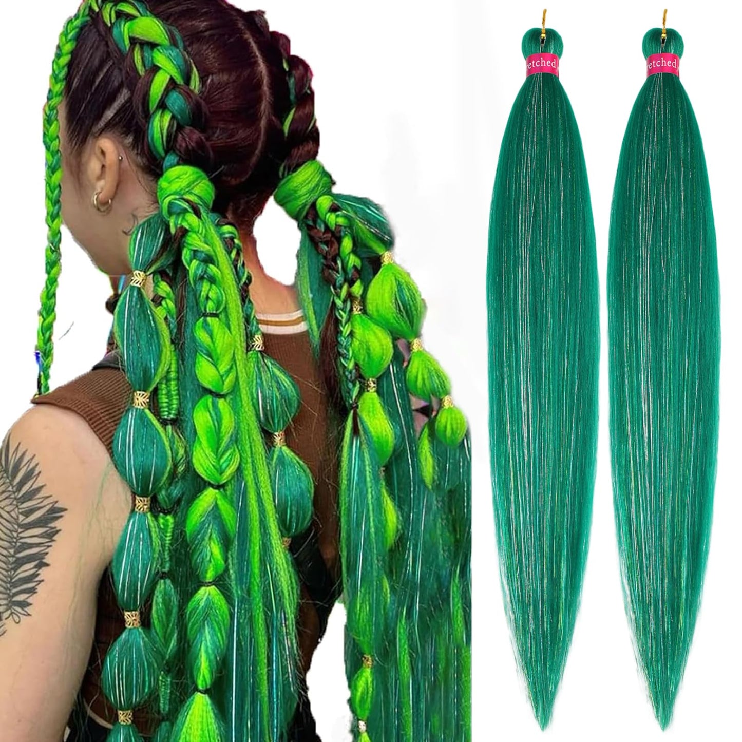 Green Tinsel Braiding Hair Pre Stretched 30 Inch Kanekalon Braiding Hair Extensions 2 Packs Synthetic Fiber Hair for Braids