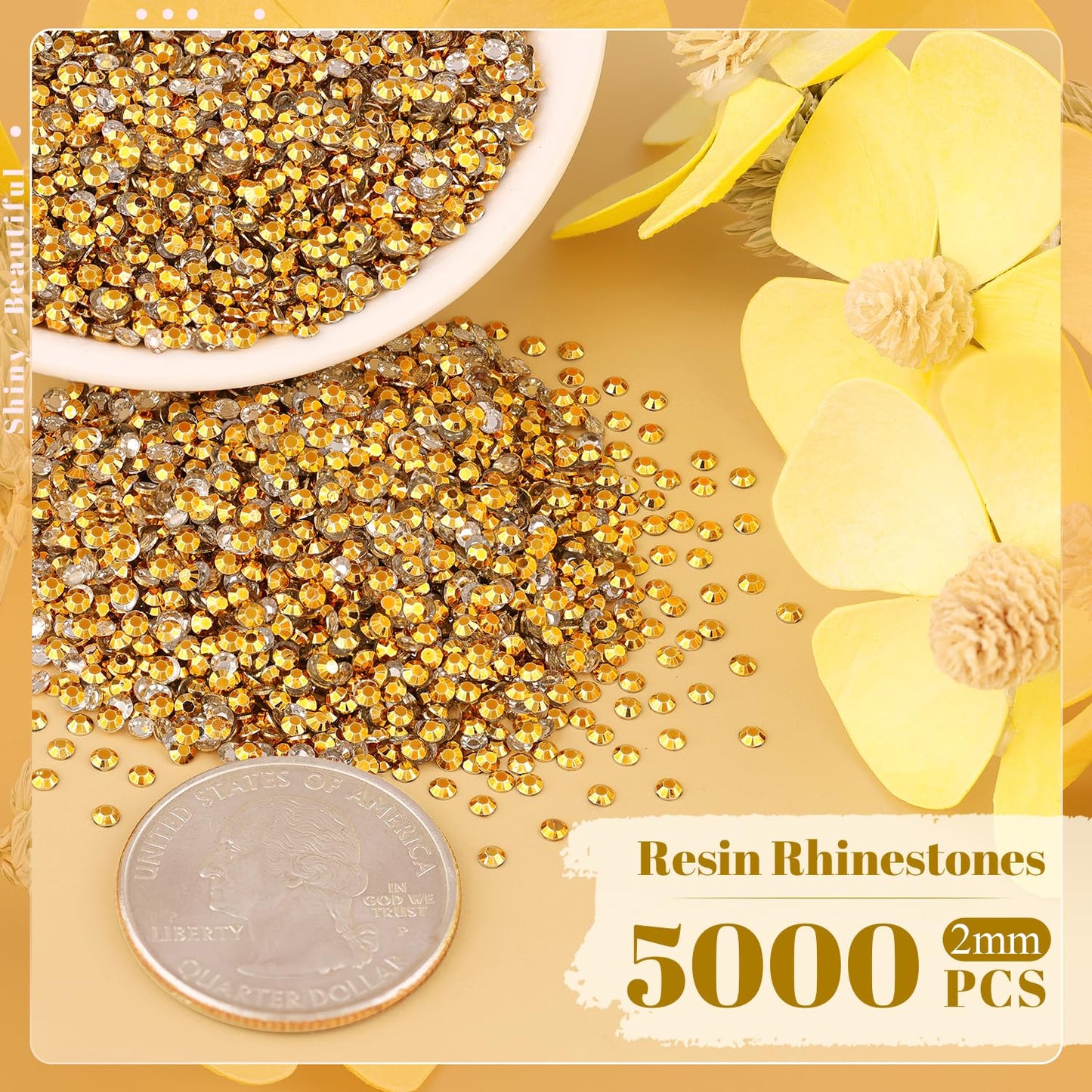 5000PCS 2mm Resin Rhinestones in Bulk (Gold), Bedazzling Flatback Crystals for Crafts DIY Nail Decoration, Gems Charms for Tumbler Shoes Clothing Fabric with Pickup Pen and Tweezers