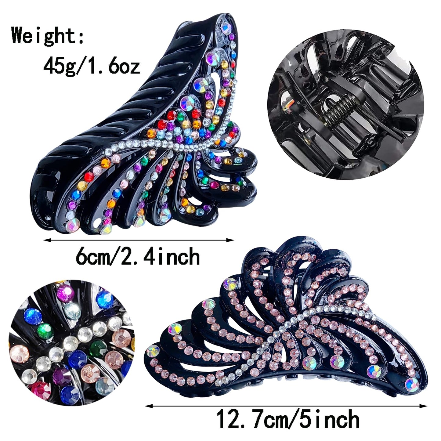 Yusier 2 Pcs 5inch Big Rhinestone Claw Clips for Thick Hair Non-Slip Leaf Jumbo Jaw Clip Decorative Hair Clips Fancy Hair Clips (Green+Blue-5in)