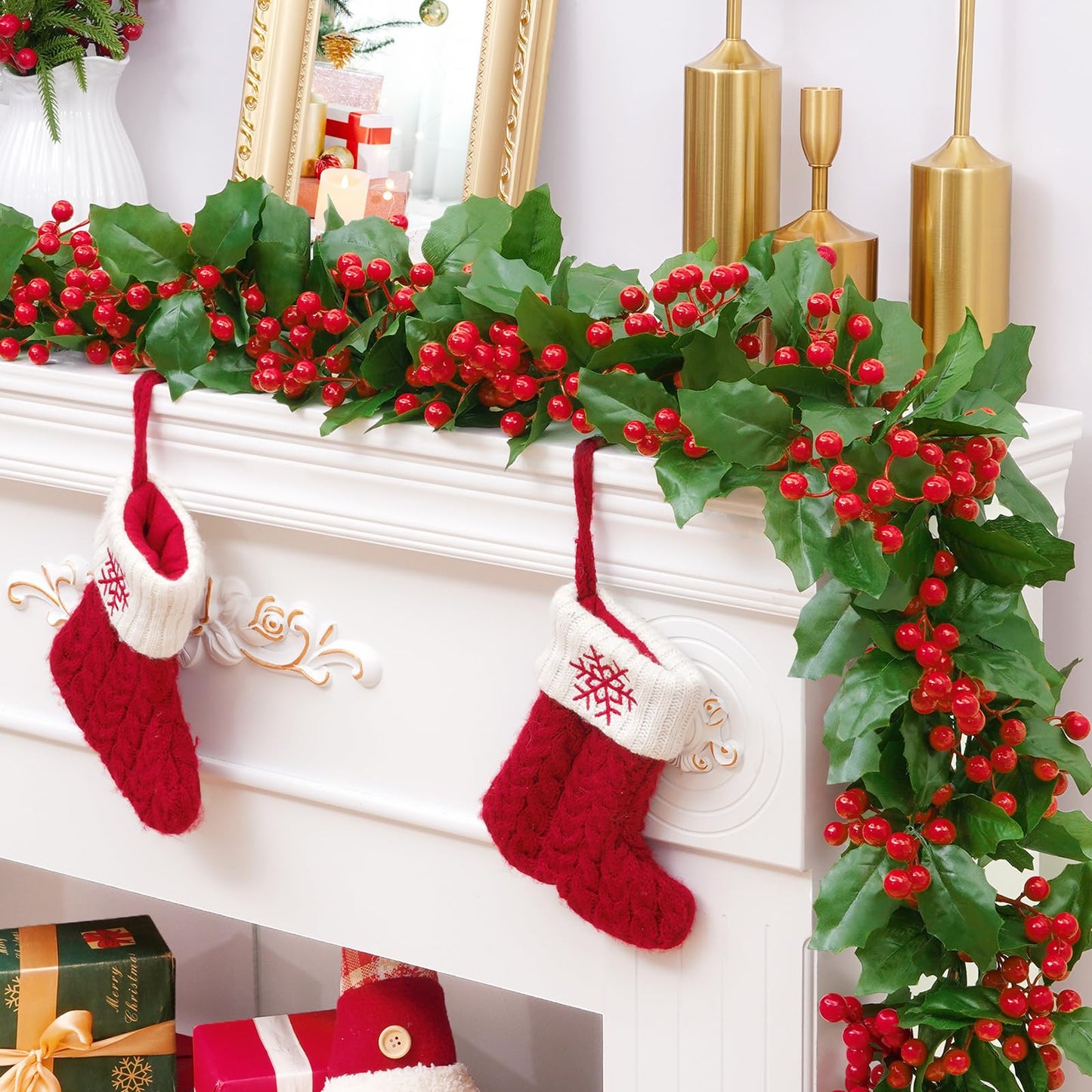 Christmas Garland, 2Pcs Red Berry Garland, Green Garland Christmas Decorations Indoor, Christmas Tree Garland for Mantle Holly Outdoor Home Table New Year Decor