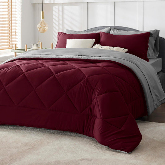 Bedsure Burgundy Twin Comforter Set - 5 Pieces Reversible Twin Bed in a Bag, Extra Long Twin Bed Set with Comforters, Sheets, Pillowcase & Sham, Twin Bedding Sets for College