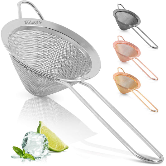 Zulay Kitchen 304 Stainless Steel Fine Mesh Strainer For Kitchen - Sieve Sifters For Food, Tea, Rice, Oil, Noodles, Fruits, Vegetables - Rust-Proof, Easy to Clean Drink Strainer (Silver)