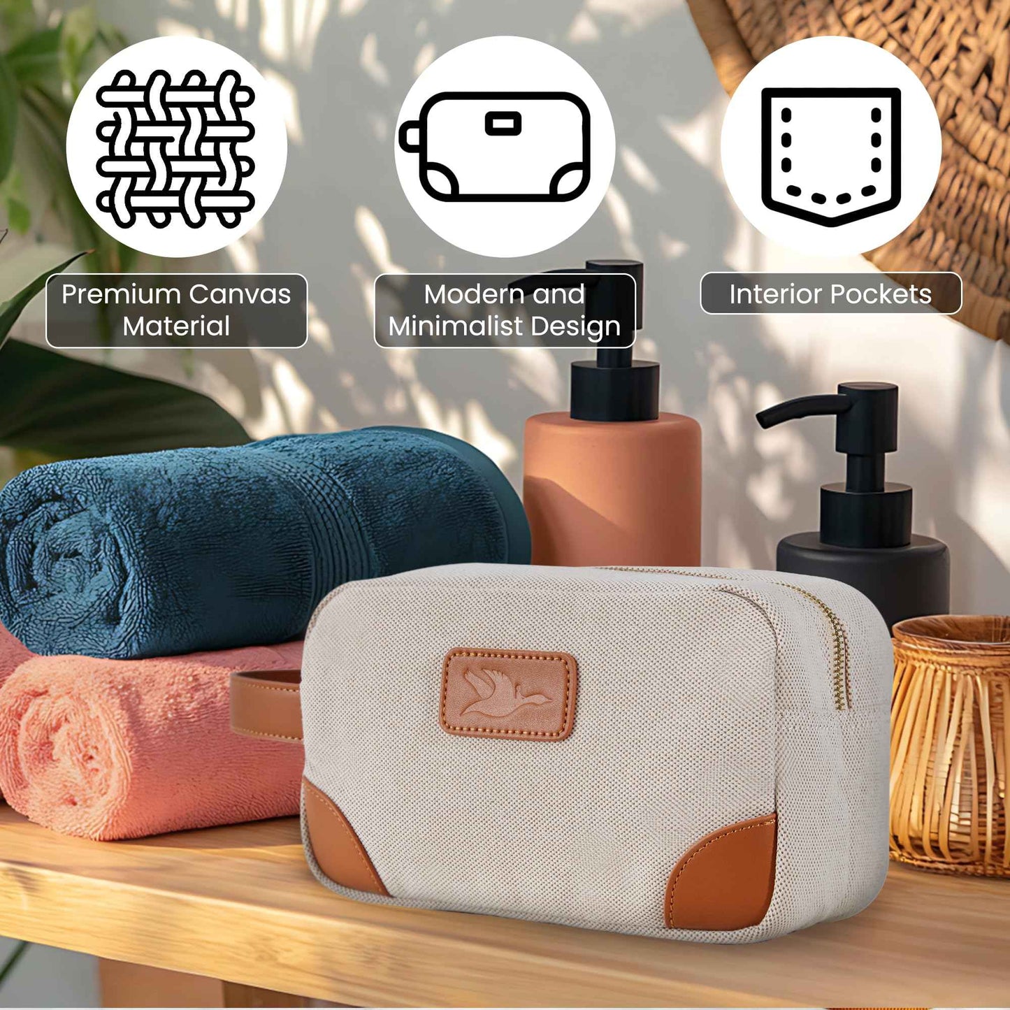 GOOSERIDE Small Makeup Bag for Women and Men - Cute Cosmetic Bag for Travel, Multipurpose Canvas Make up Pouch for Accessories, Mini Makeup Purse with Zipper and Internal Pockets for Toiletries - Sand