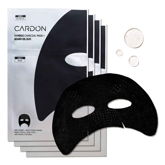 Cardon Charcoal Face Mask for Men with Beard Oil (4-Pack) | Ideal Stocking Stuffer for Men - Helps Detox, Hydrate, and Nourish with Anti-Aging Serum - Peel Off Mens Face Mask for Post Shave Soothing