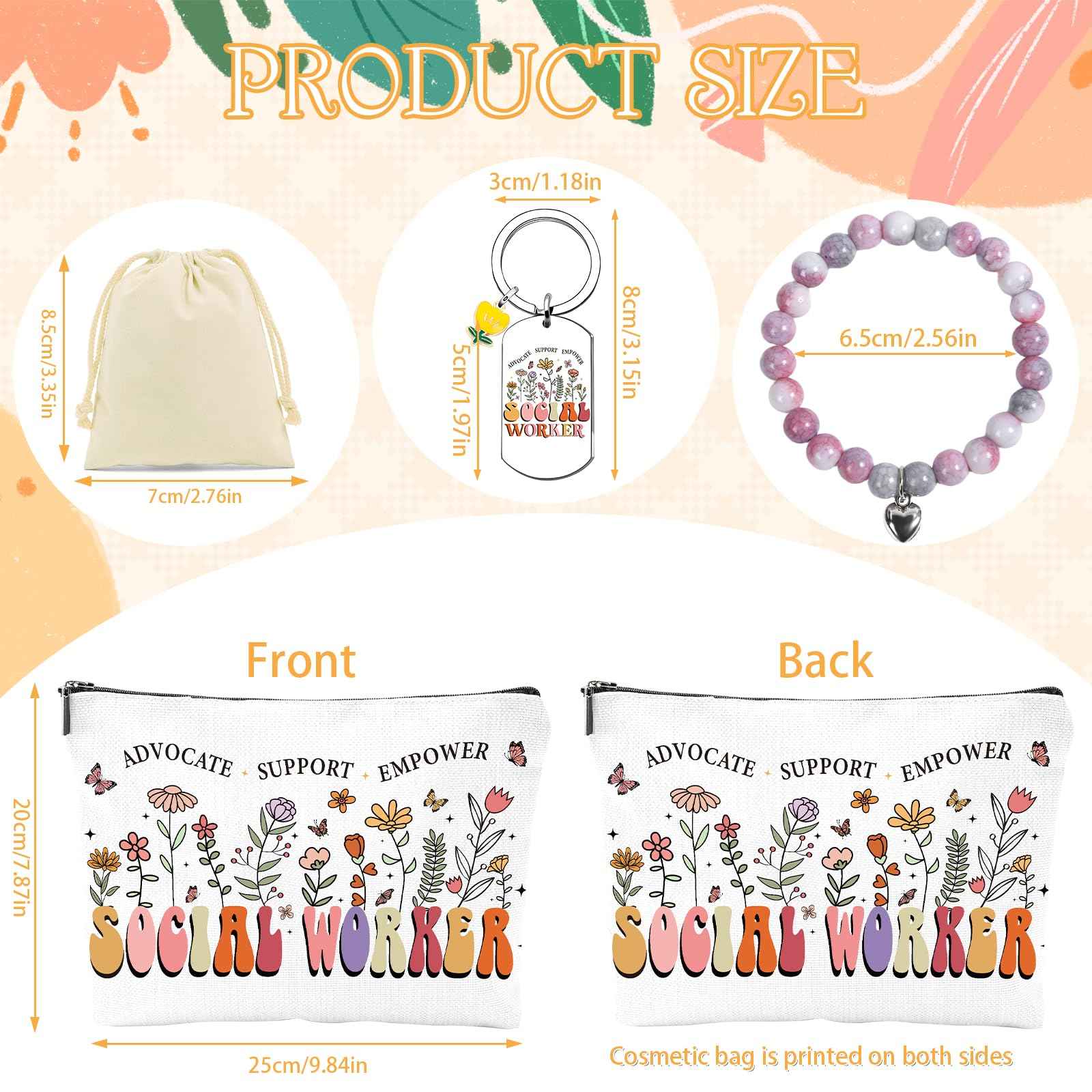 Falueqg Social Worker Appreciation Gifts - 3Pcs Social Worker Gifts for Women, Social Workers Canva Makeup Bag Keychain Bracelet for Social Worke Volunteer Nurse Teacher Graduation Christmas Gift