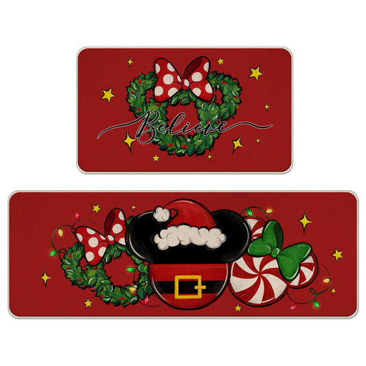 Tailus Christmas Believe Santa Mouse Red Kitchen Rugs Set of 2, Xmas Wreath Peppermint Candy Kitchen Mats Decor, Winter Holiday Floor Door Mat Home Decorations -17x29 and 17x47 Inch