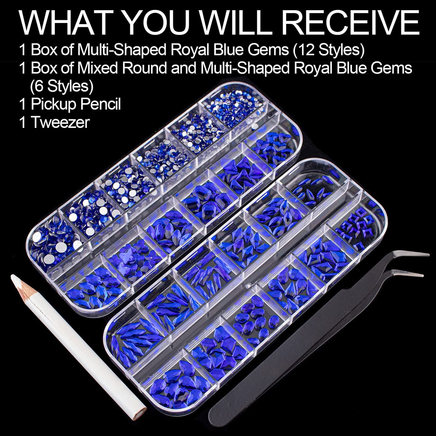 18 Styles Multi-Shaped Glass Gemstones for Nails and 6 Sizes Round Crystal Rhinestones Kit #7, Royal Blue Nail Art Charm Bead Manicure Decoration with Pickup Pencil and Tweezer