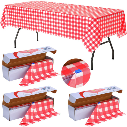 Preboun 3 Roll Checkered Tablecloth 54 in x 100 FT Plastic Table Cloth Roll with Cutter Red Gingham Tablecloth Disposable Thick Plastic Table Cover for Party Picnic Holiday Christmas Outdoor