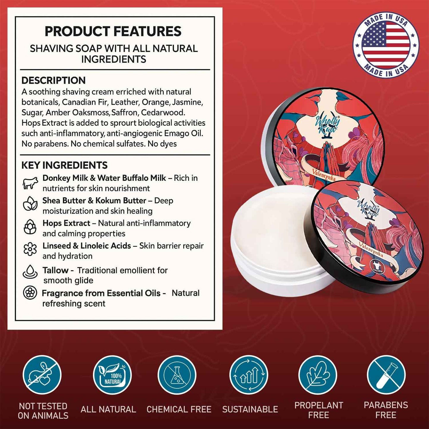 Valentynka Tallow Shaving Soap. Enriched with Donkey Milk, Water Buffalo Milk, Whey Proteins, Omega 3, Omega 6, Hops Extract. Canadian Fir, Leather, Orange, Jasmine, Sugar, Amber, Saffron, Cedarwood