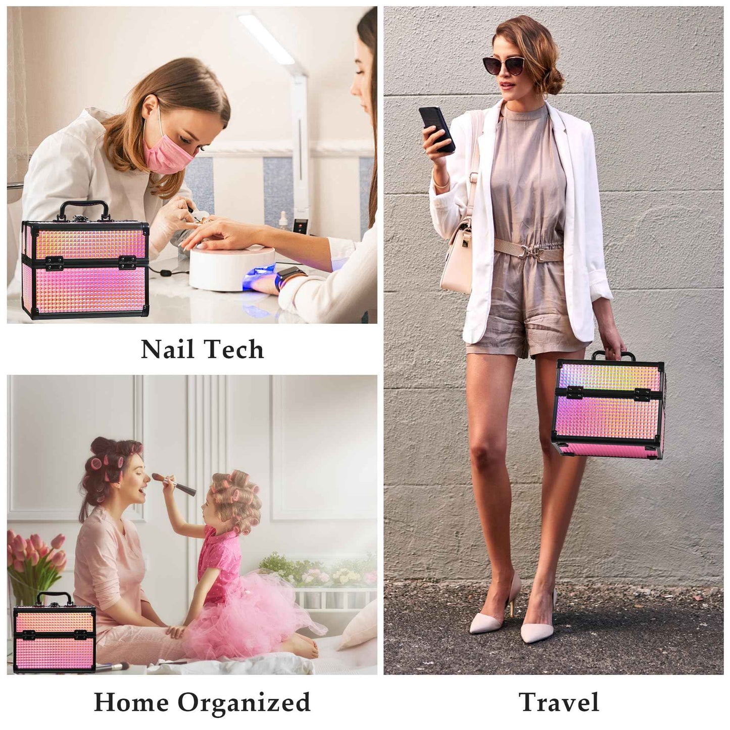 GALHUBIS Makeup Case Organizer,Makeup Train Case, Trays Cosmetic Box Portable, Profesional for Salon Barber,Black Bright Pink